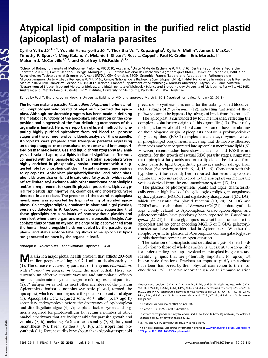 Atypical Lipid Composition in the Purified Relict Plastid (Apicoplast) of Malaria Parasites