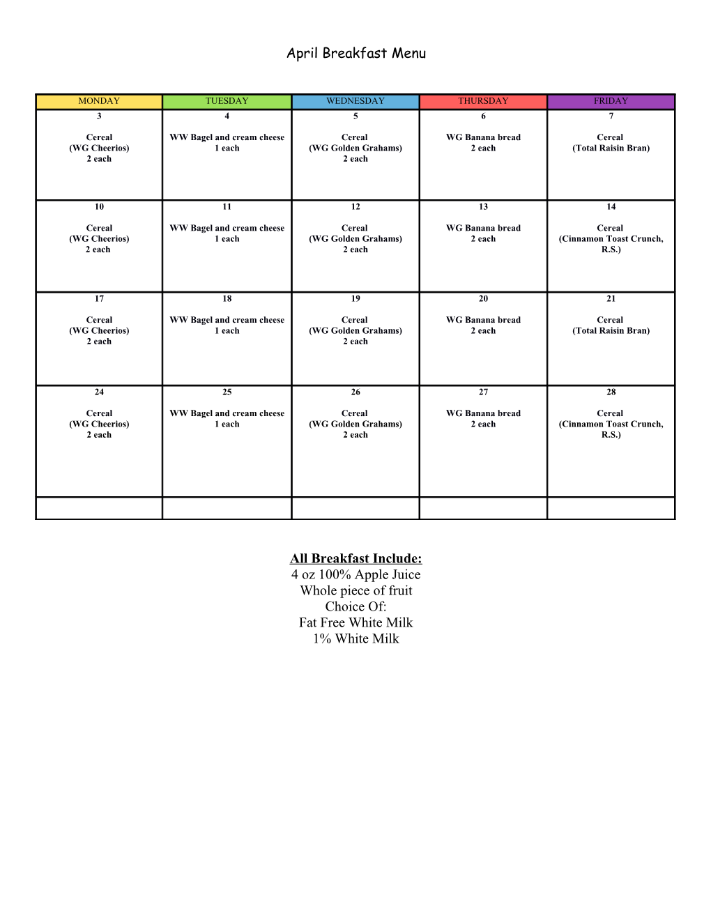 April Breakfast Menu