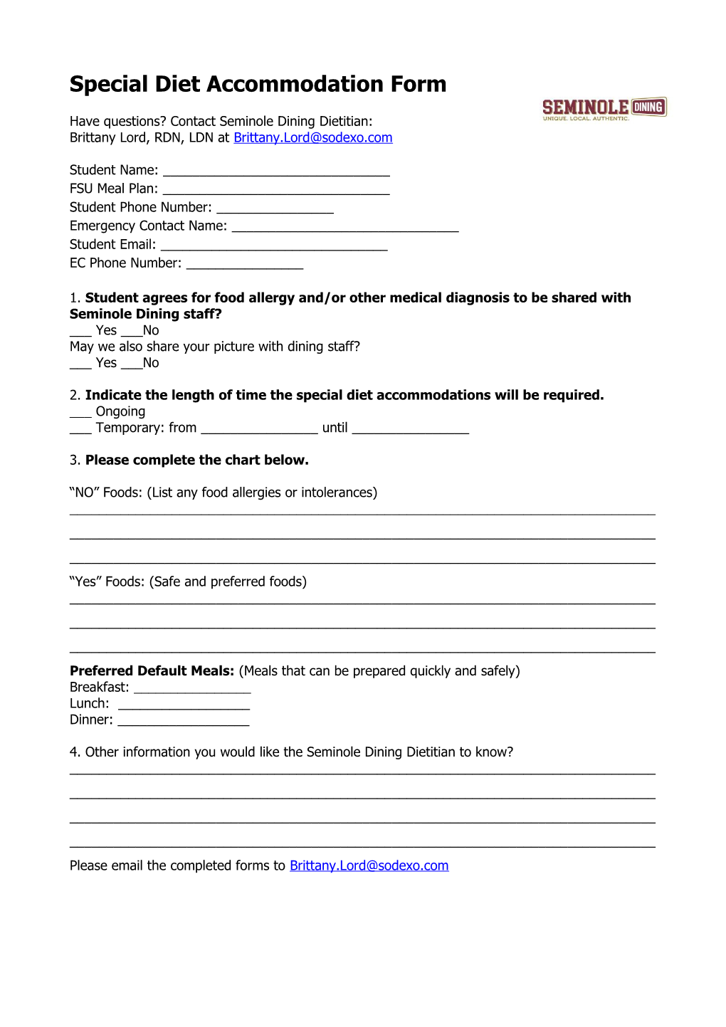 Special Diet Accommodation Form