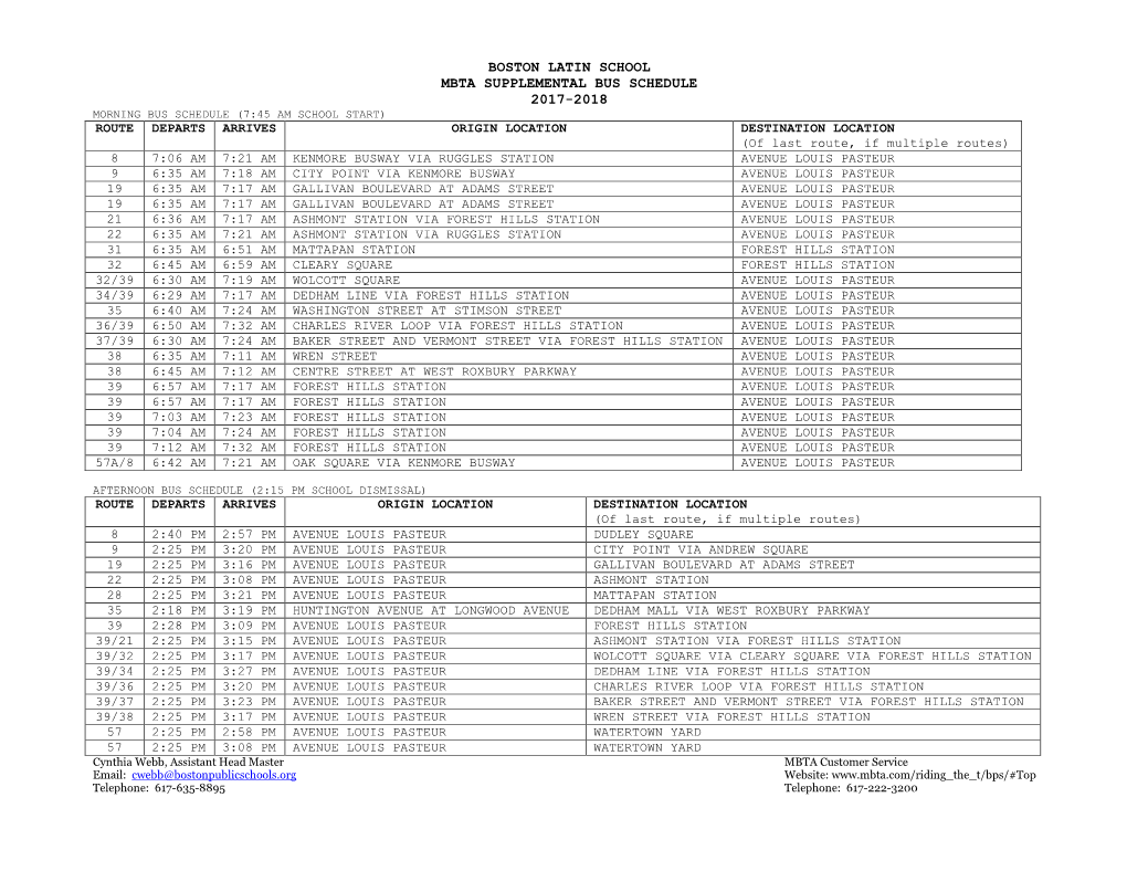 Boston Latin School Mbta Supplemental Bus Schedule