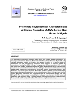 Preliminary Phytochemical, Antibacterial and Antifungal Properties of Alafia Barteri Stem Grown in Nigeria