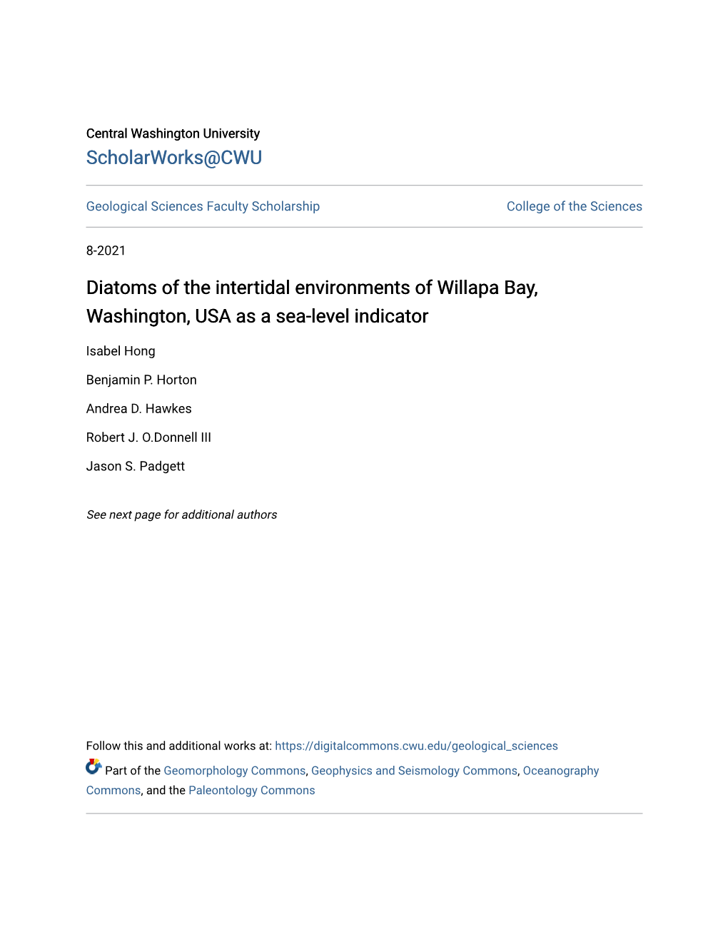 Diatoms of the Intertidal Environments of Willapa Bay, Washington, USA As a Sea-Level Indicator