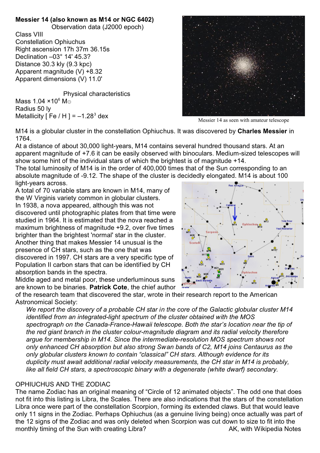 Messier 14 (Also Known As M14 Or NGC 6402) Observation Data