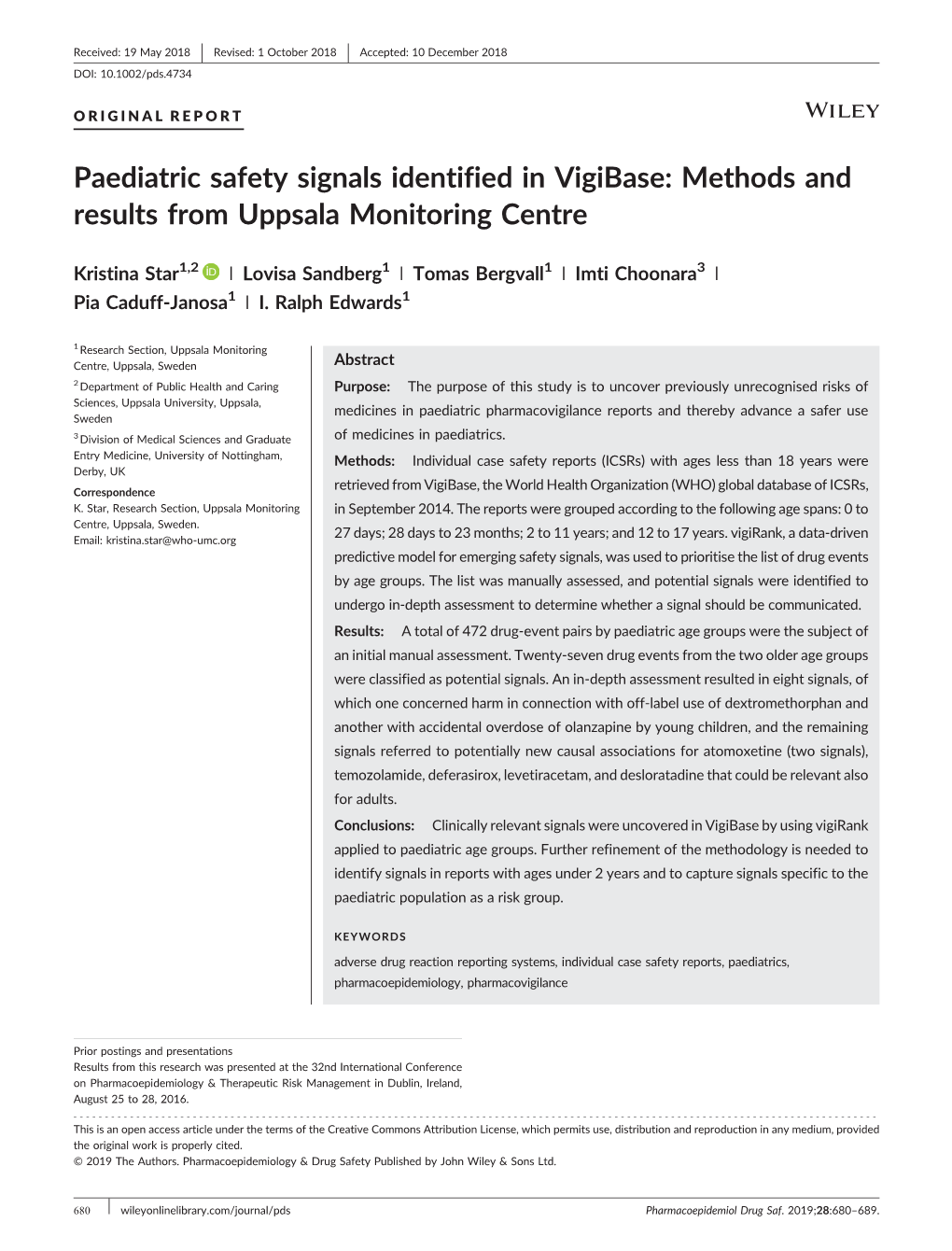 Paediatric Safety Signals Identified in Vigibase: Methods and Results from Uppsala Monitoring Centre
