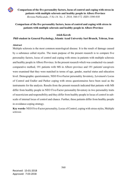 Comparison of the Five Personality Factors, Locus of Control and Coping with Stress in Patients with Multiple Sclerosis and Heal