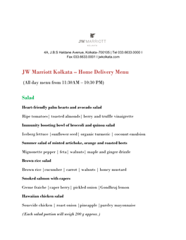 JW Marriott Kolkata – Home Delivery Menu