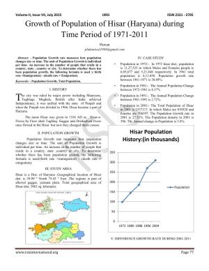 Growth of Population of Hisar (Haryana) During Time Period of 1971-2011