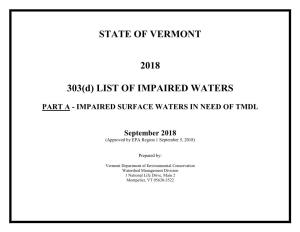 State of Vermont 2018 303(D) List of Impaired Waters