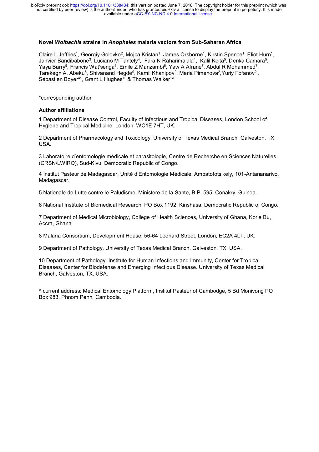 Novel Wolbachia Strains in Anopheles Malaria Vectors from Sub-Saharan Africa