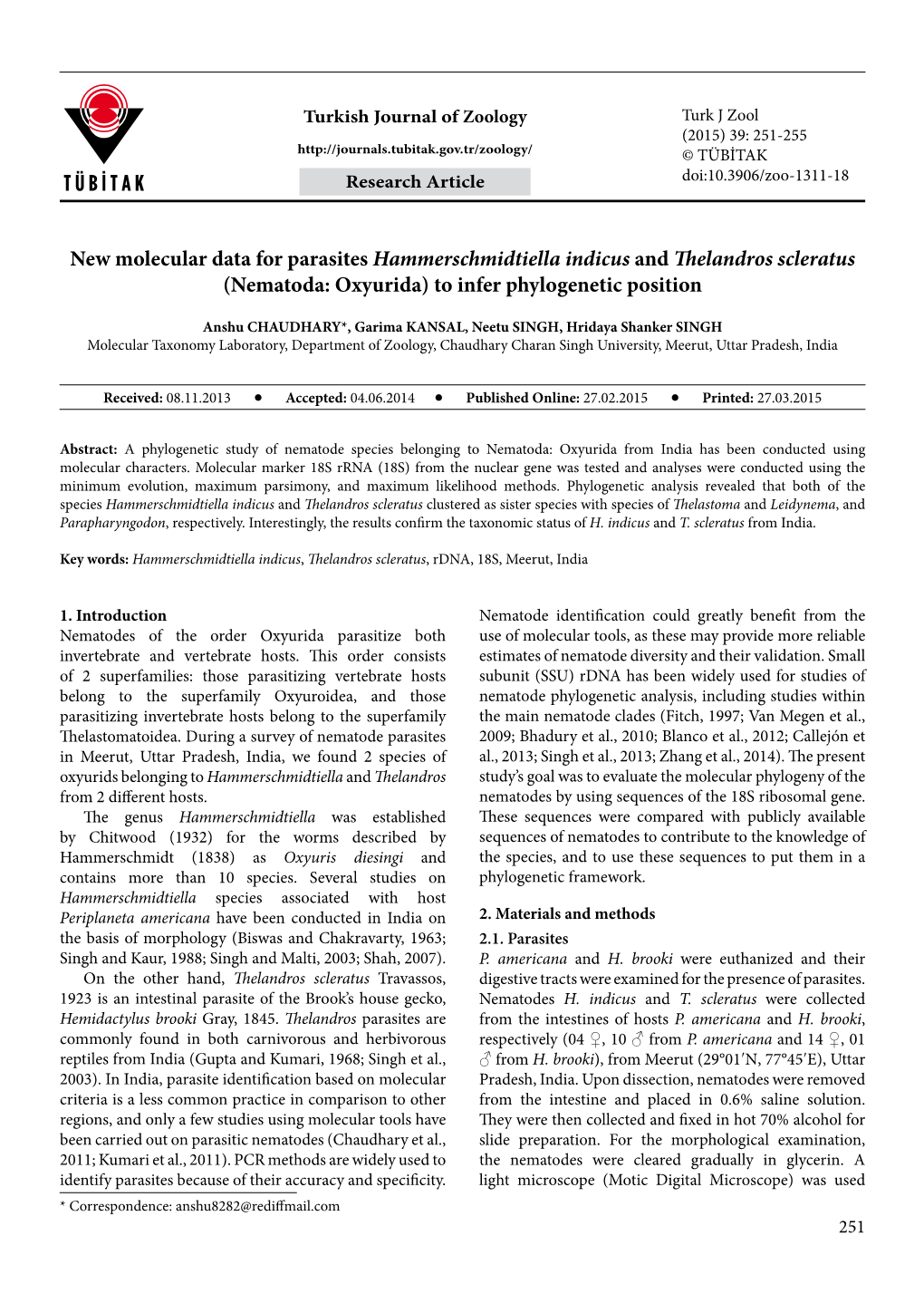 Nematoda: Oxyurida) to Infer Phylogenetic Position