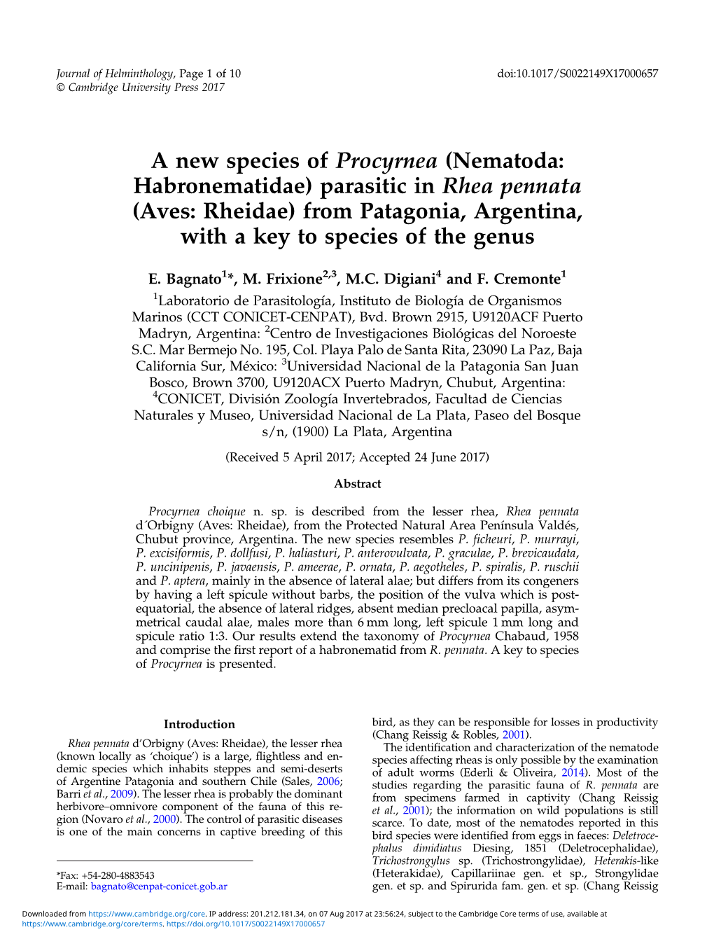 A New Species of Procyrnea (Nematoda: Habronematidae) Parasitic in Rhea Pennata (Aves: Rheidae) from Patagonia, Argentina, with a Key to Species of the Genus