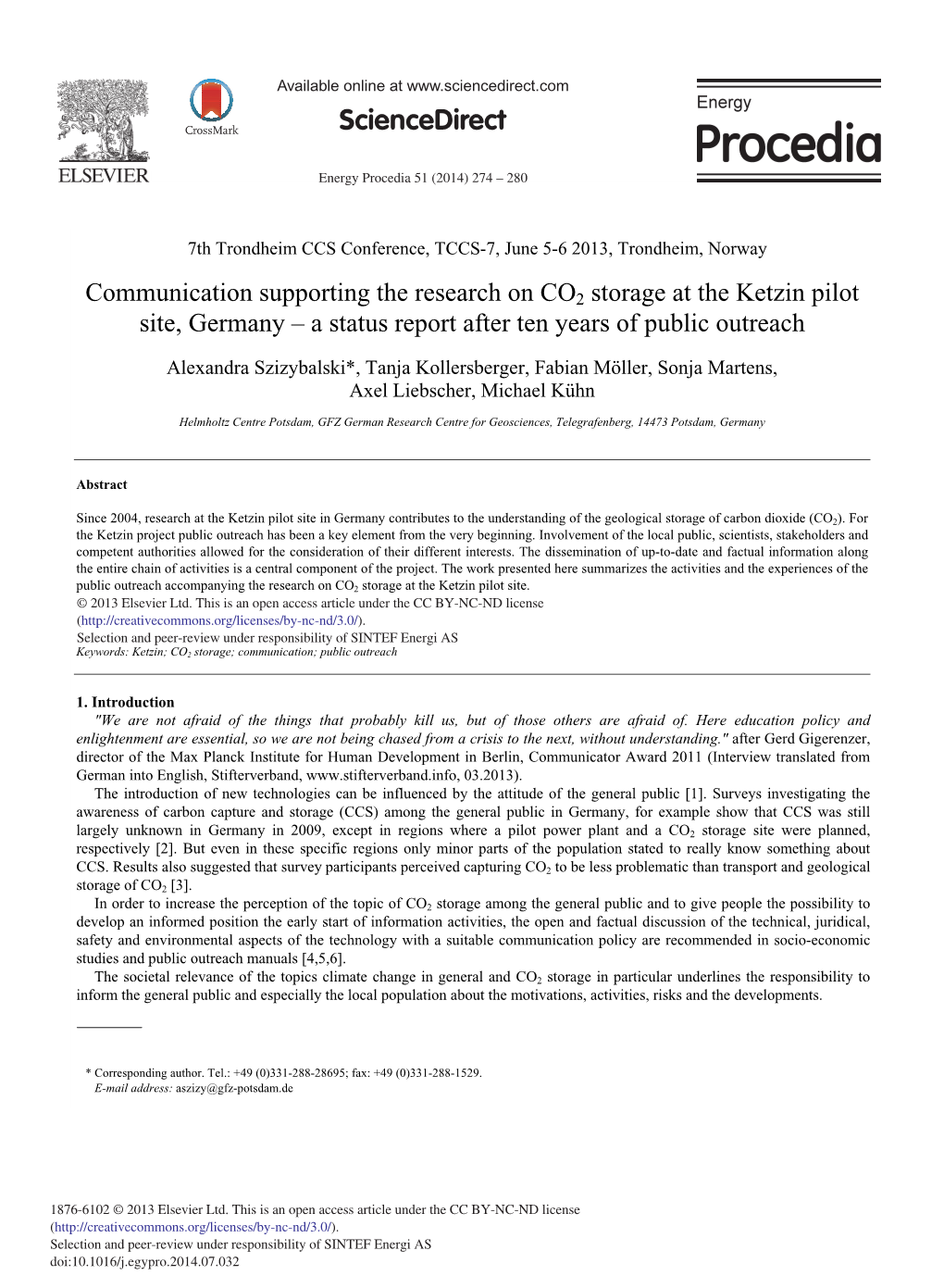 Communication Supporting the Research on CO2 Storage at the Ketzin Pilot Site, Germany – a Status Report After Ten Years of Public Outreach