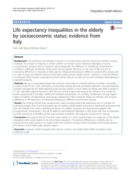 Life Expectancy Inequalities in the Elderly by Socioeconomic Status: Evidence from Italy Carlo Lallo1* and Michele Raitano2