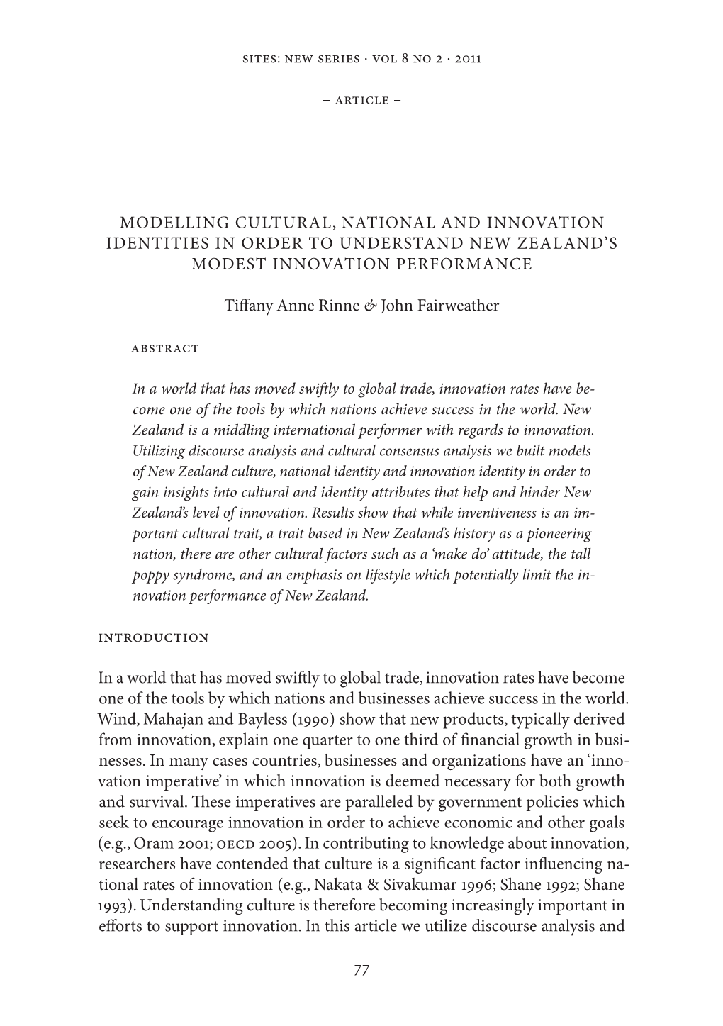 77 Modelling Cultural, National and Innovation Identities in Order to Understand New Zealand's Modest Innovation Performance T
