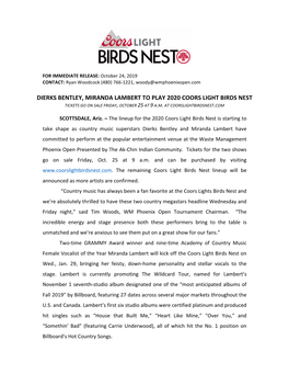 Dierks Bentley, Miranda Lambert to Play 2020 Coors Light Birds Nest Tickets Go on Sale Friday, October 25 at 9 A.M