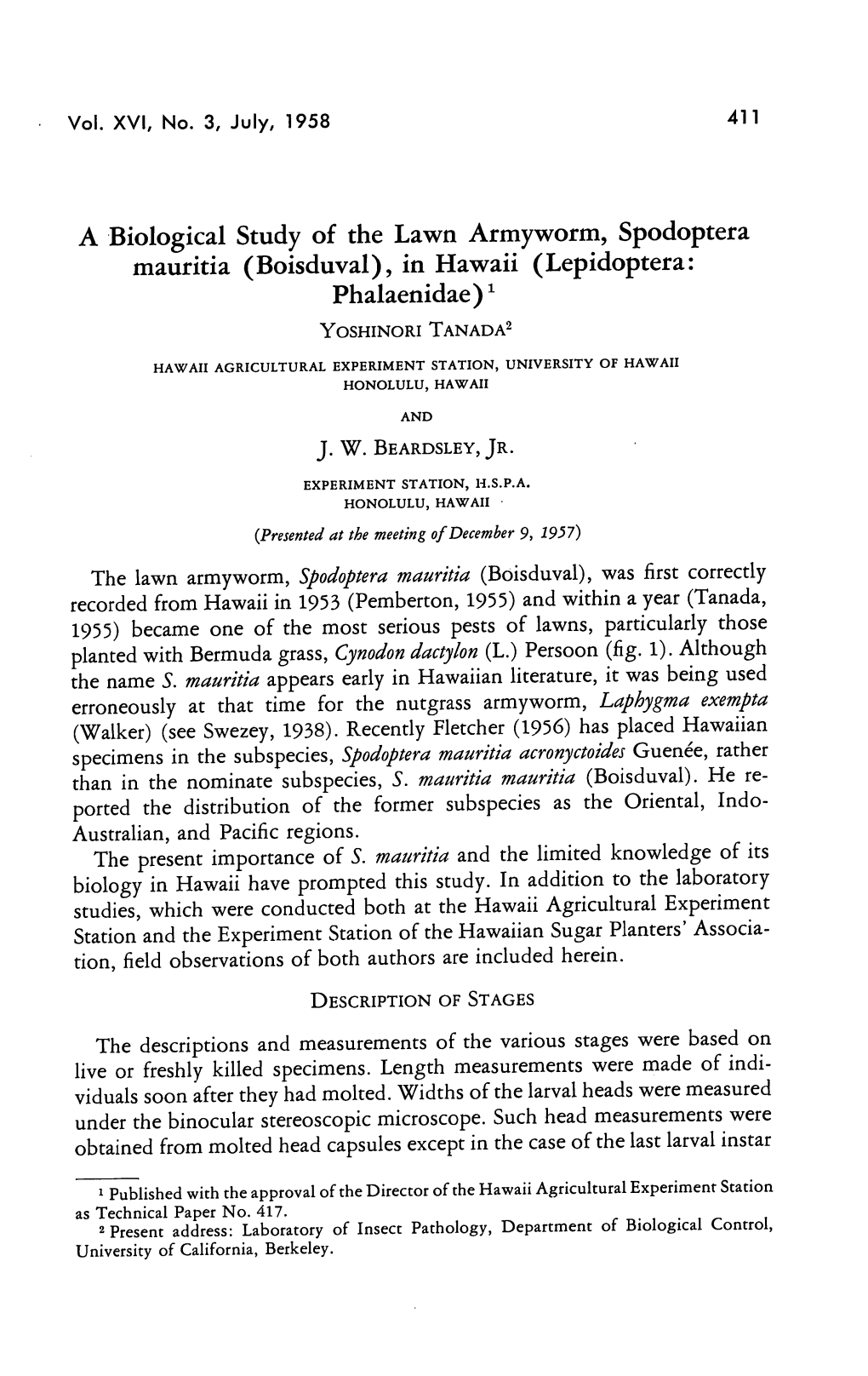 A Biological Study of the Lawn Armyworm, Spodoptera Mauritia (Boisduval), in Hawaii (Lepidoptera: Phalaenidae)1