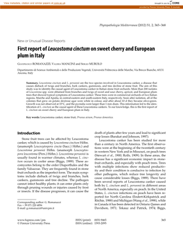 First Report of Leucostoma Cinctumon Sweet Cherry and European Plum In