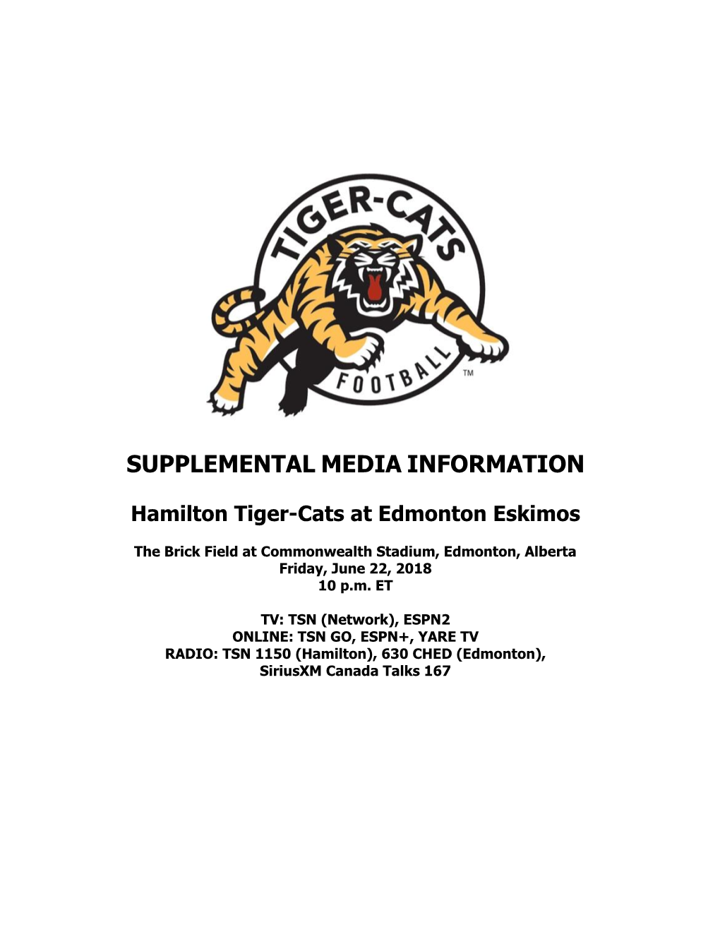 SUPPLEMENTAL MEDIA INFORMATION Hamilton Tiger-Cats