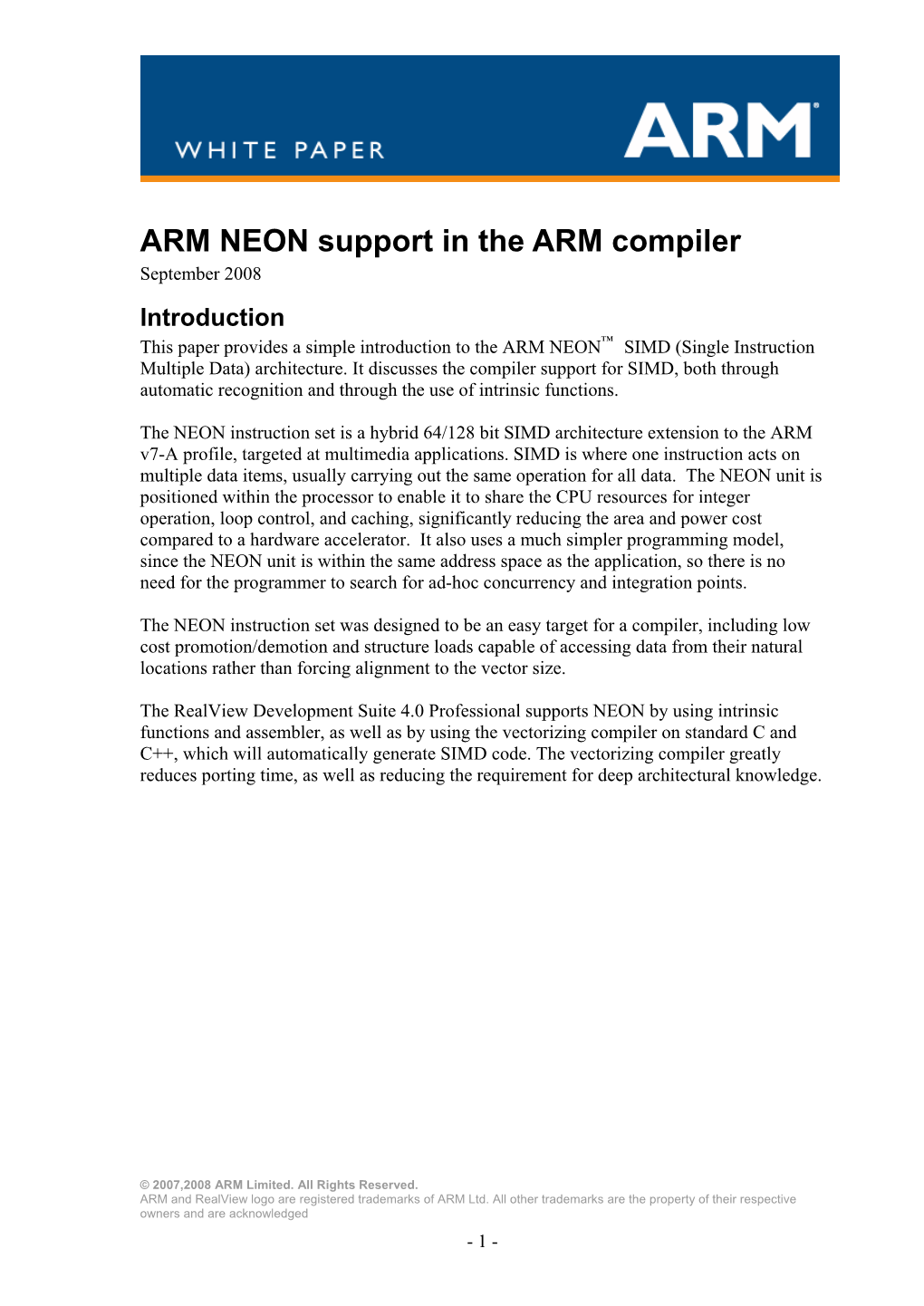 NEON Support in the ARM Compiler