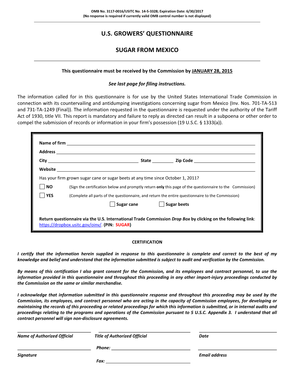 U.S. Growers' Questionnaire Sugar from Mexico