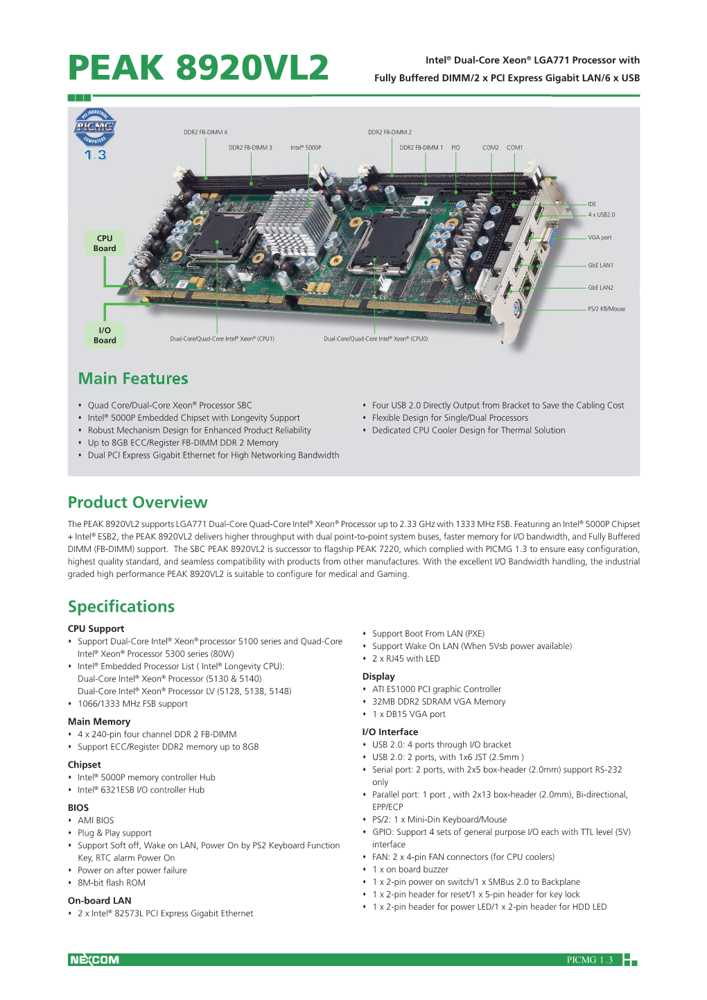 PEAK 8920VL2 Fully Buffered DIMM/2 X PCI Express Gigabit LAN/6 X USB