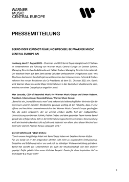 Bernd Dopp Kündigt Führungswechsel Bei Warner Music Central Europe An