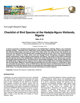 Checklist of Bird Species at the Hadejia-Nguru Wetlands, Nigeria