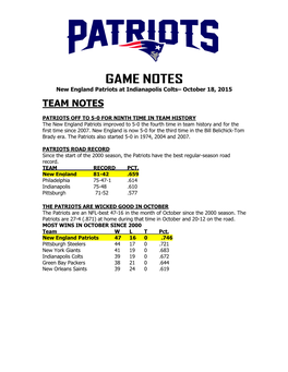 GAME NOTES New England Patriots at Indianapolis Colts– October 18, 2015