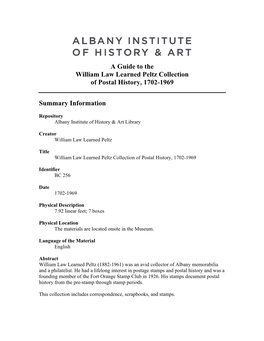A Guide to the William Law Learned Peltz Collection of Postal History, 1702-1969