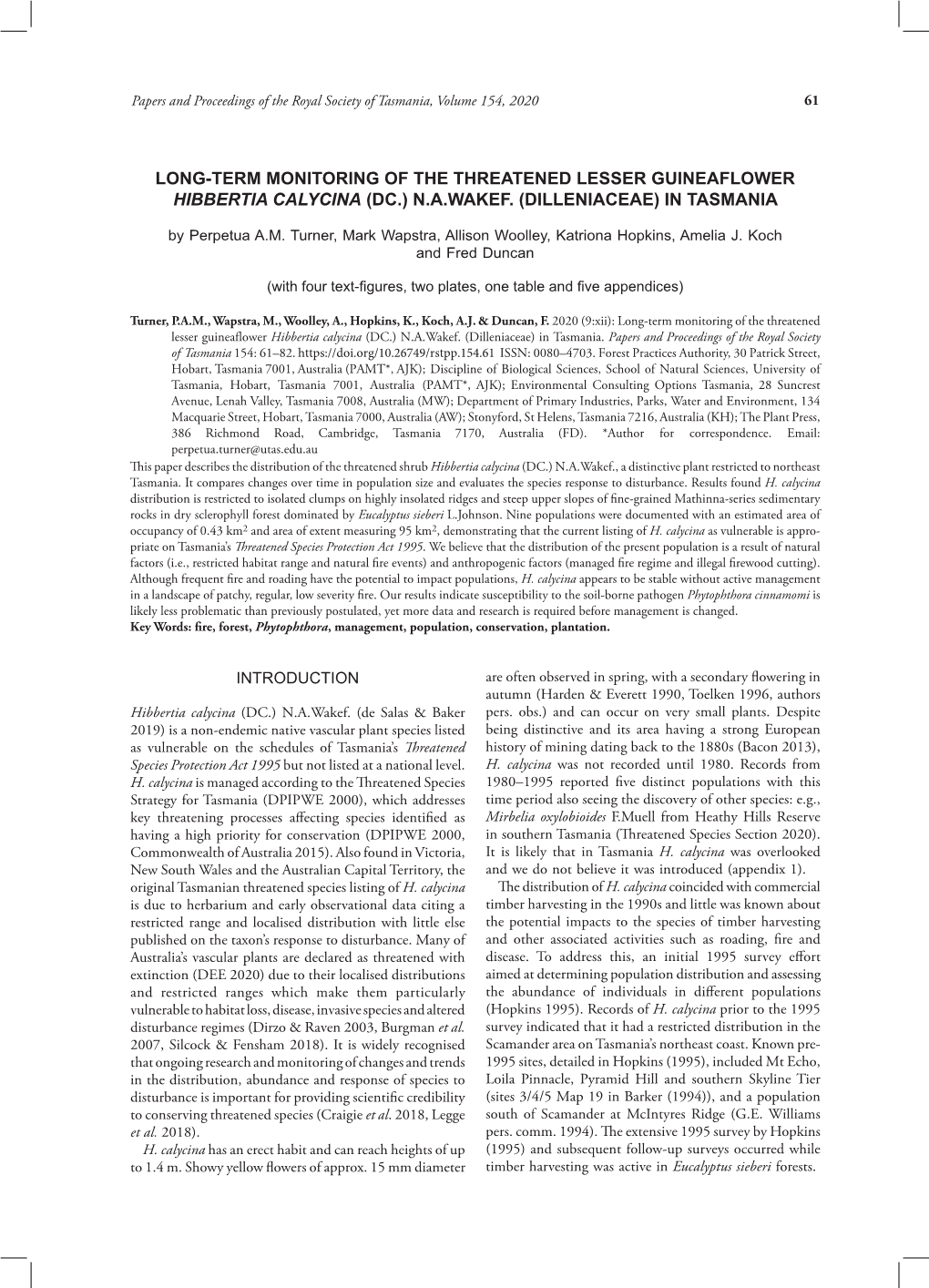 Long-Term Monitoring of the Threatened Lesser Guineaflower Hibbertia Calycina (Dc.) N.A.Wakef