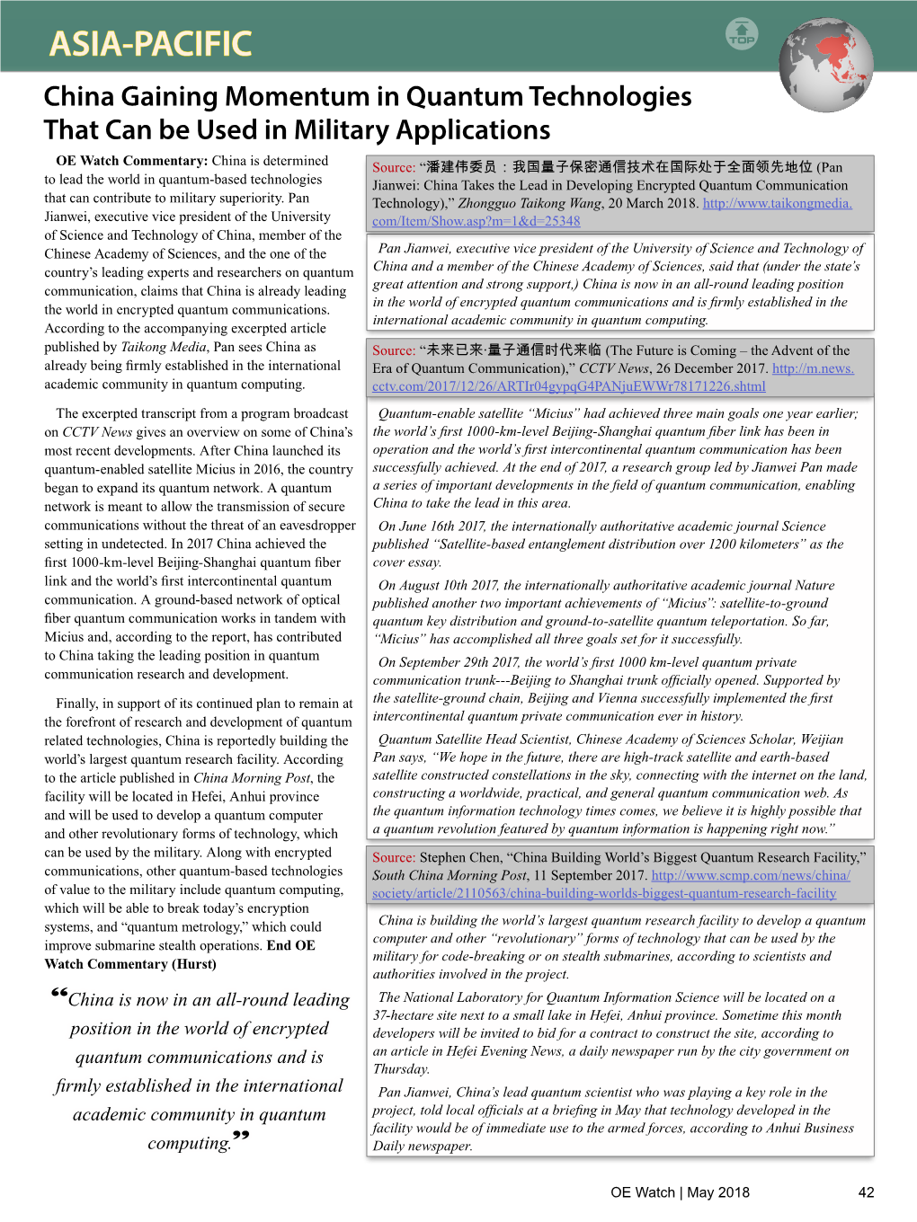 ASIA-PACIFIC China Gaining Momentum in Quantum Technologies That Can Be Used in Military Applications