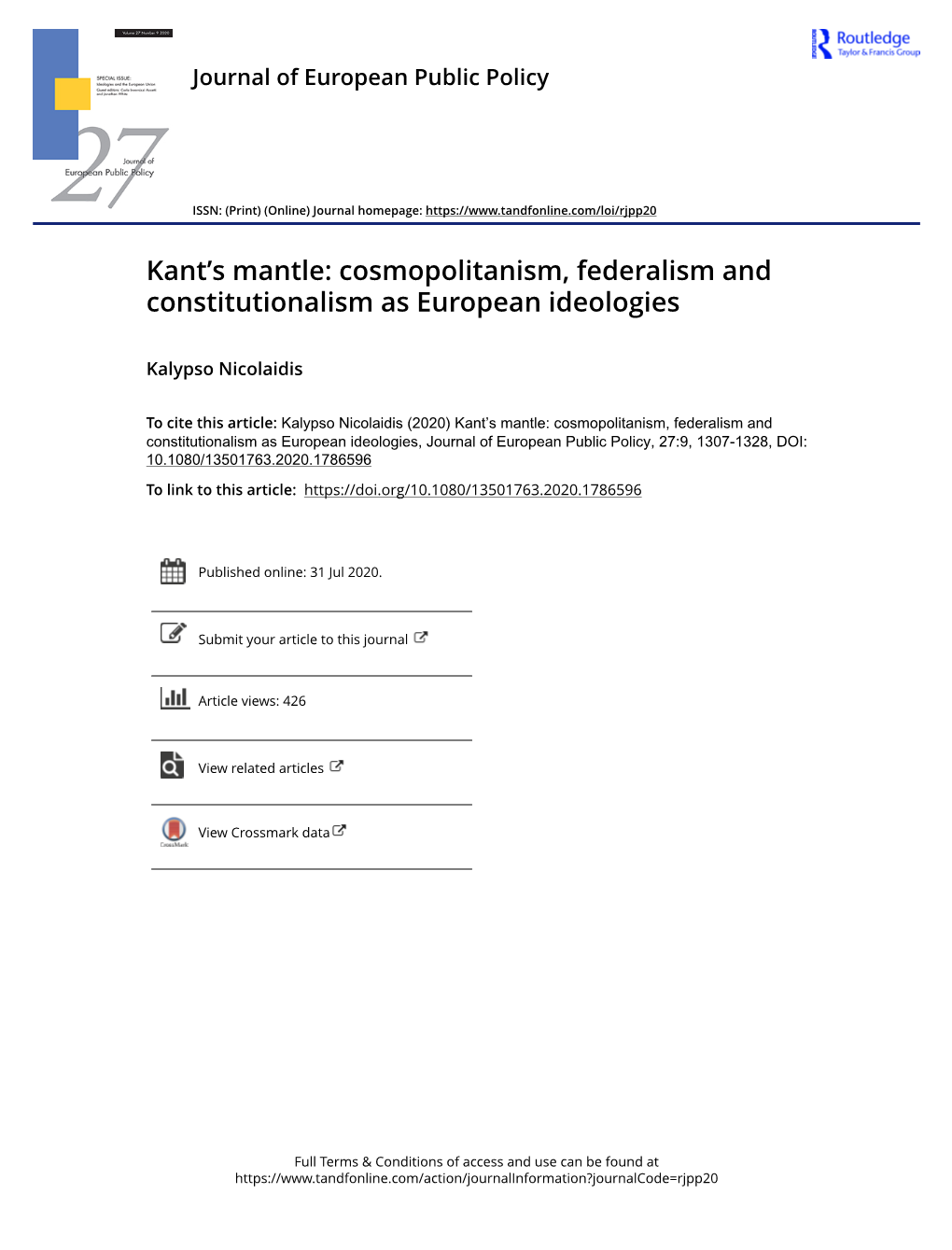 Kant's Mantle: Cosmopolitanism, Federalism and Constitutionalism As