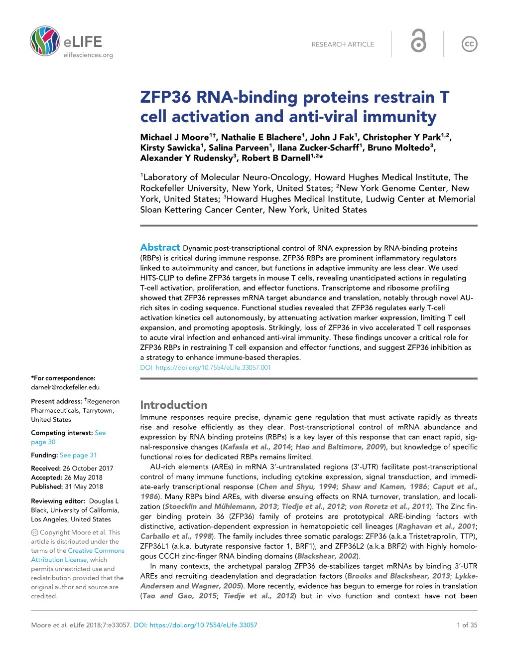 ZFP36 RNA-Binding Proteins Restrain T Cell Activation and Anti-Viral