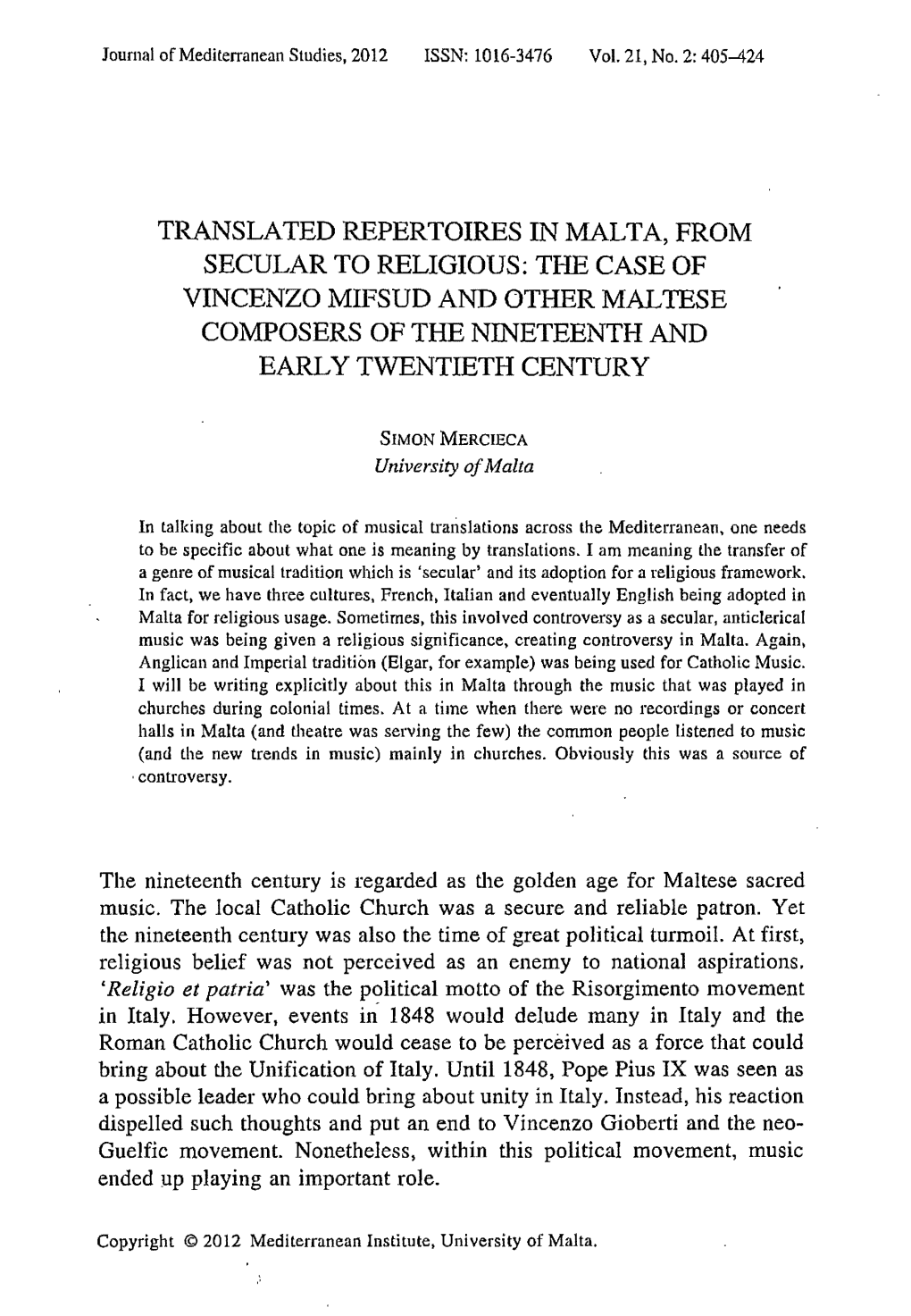 Translated Repertoires in Malta, from Secular to Religious: the Case of Vincenzo Mifsud and Other Maltese Composers of the Nineteenth and Early Twentieth Century