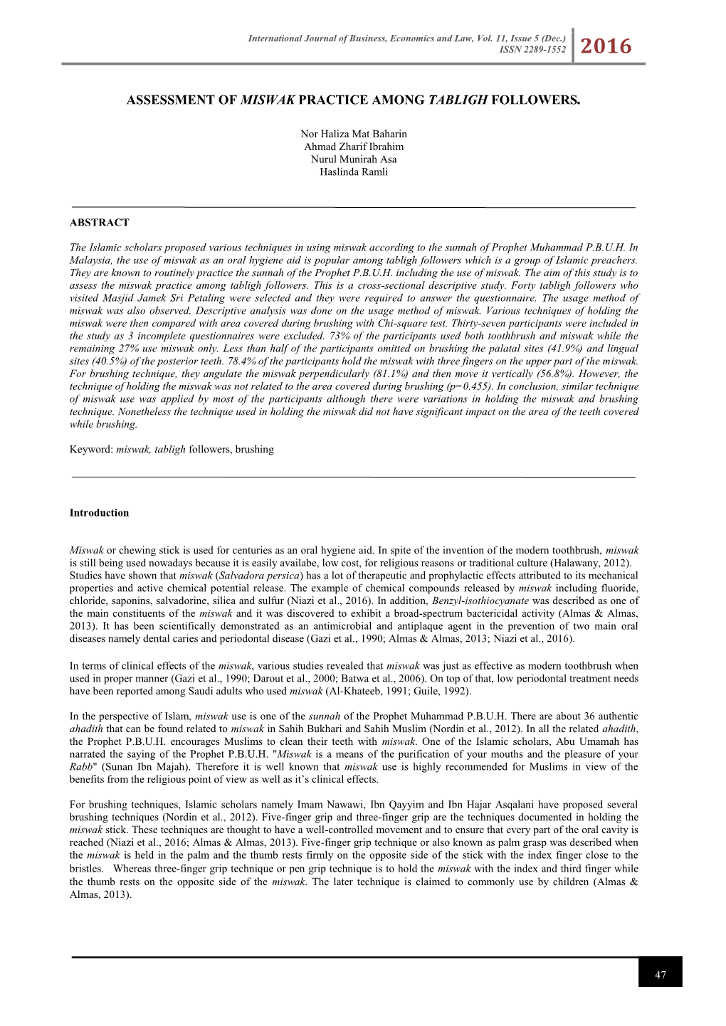 Assessment of Miswak Practice Among Tabligh Followers