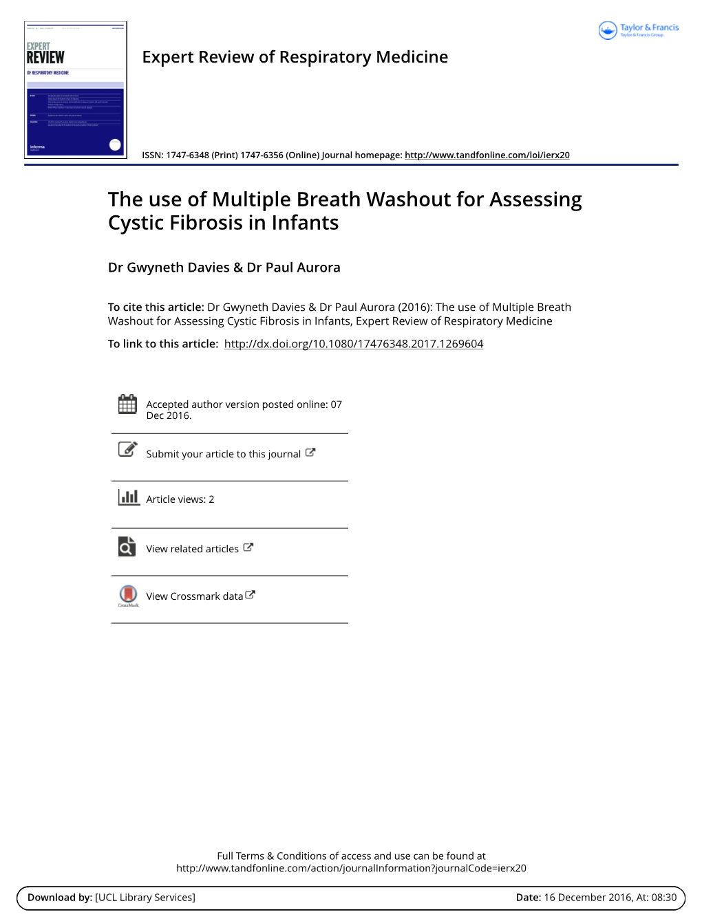 The Use of Multiple Breath Washout for Assessing Cystic Fibrosis in Infants