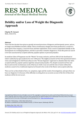 Debility And/Or Loss of Weight the Diagnostic Approach