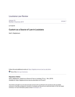 Custom As a Source of Law in Louisiana