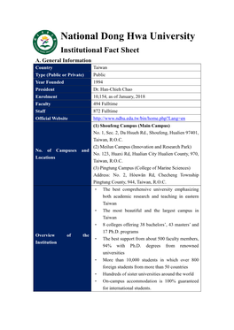 National Dong Hwa University Institutional Fact Sheet A