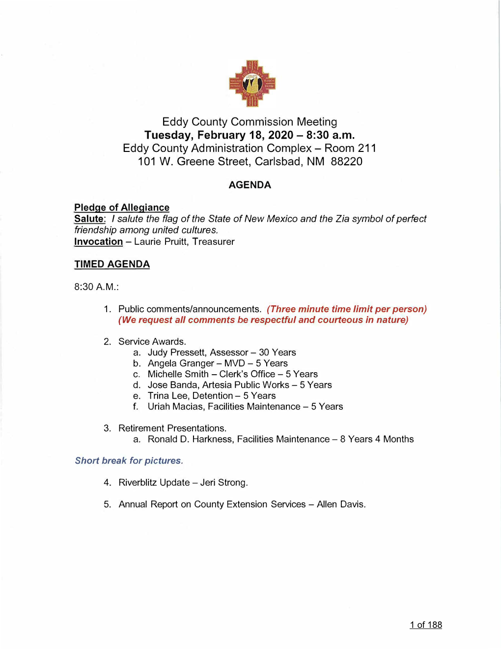 Eddy County Commission Meeting Tuesday, February 18, 2020 - 8:30 A.M