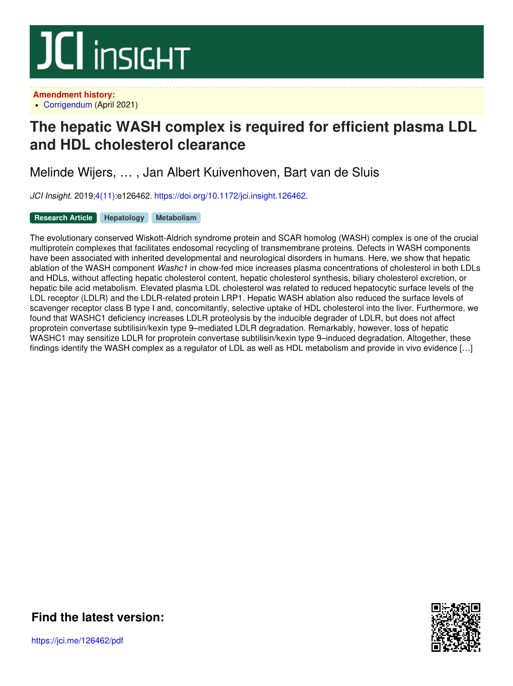 The Hepatic WASH Complex Is Required for Efficient Plasma LDL and HDL Cholesterol Clearance