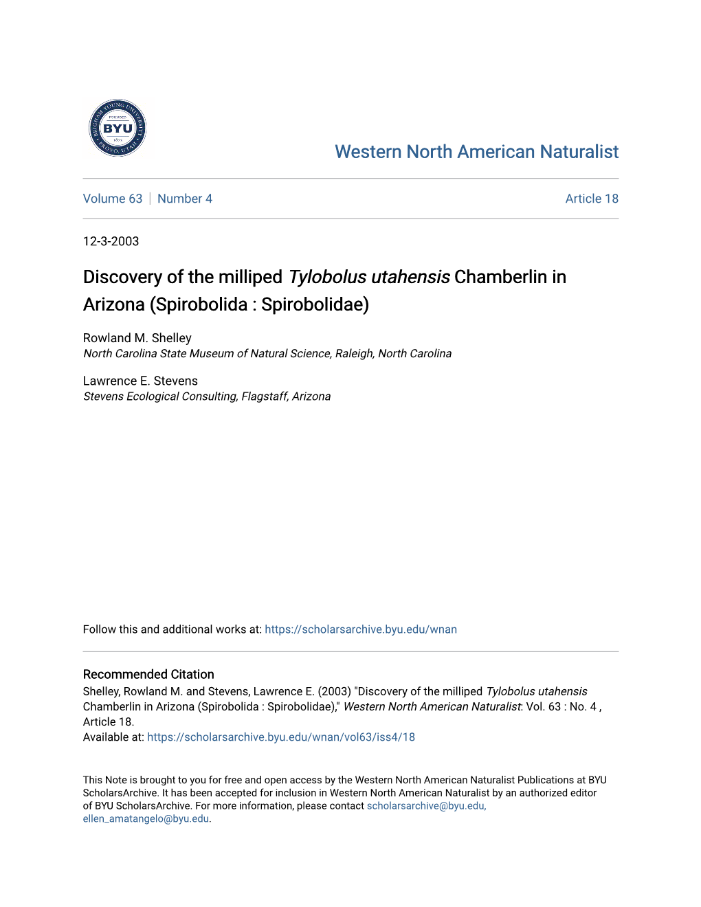 Discovery of the Milliped Tylobolus Utahensis Chamberlin in Arizona (Spirobolida : Spirobolidae)