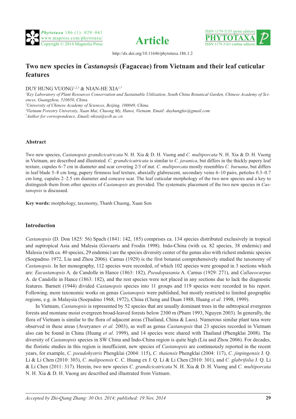 Two New Species in Castanopsis (Fagaceae) from Vietnam and Their Leaf Cuticular Features