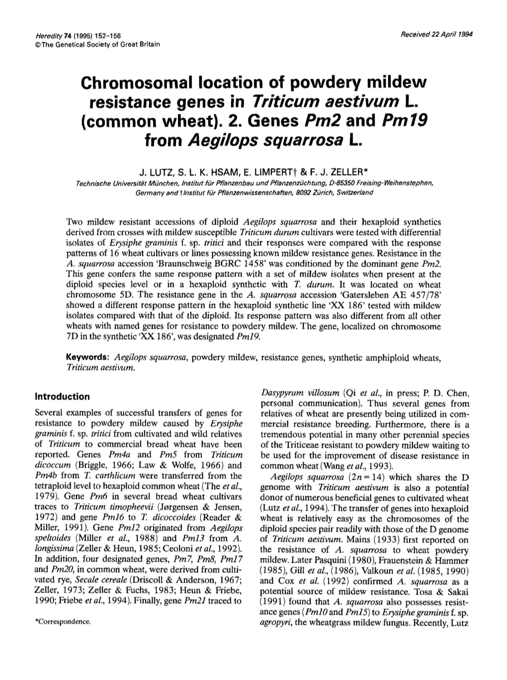 Chromosomal Location of Powdery Mildew Resistance Genes in Triticum Aestivum 1