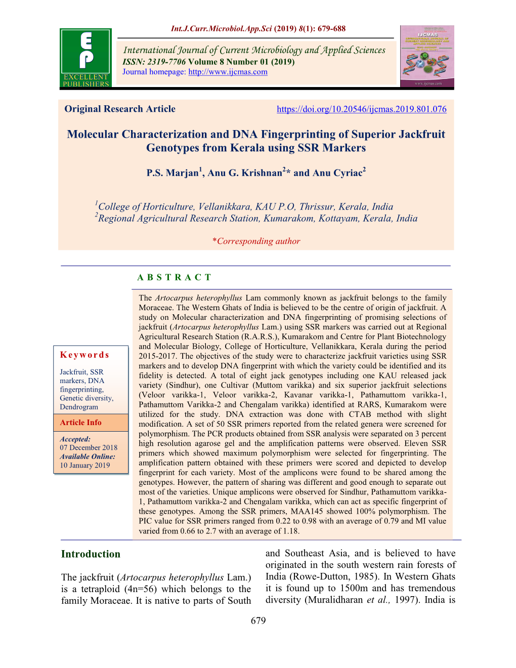 Molecular Characterization and DNA Fingerprinting of Superior Jackfruit Genotypes from Kerala Using SSR Markers