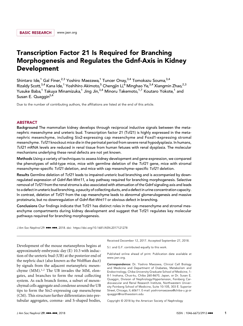 Transcription Factor 21 Is Required for Branching Morphogenesis and Regulates the Gdnf-Axis in Kidney Development