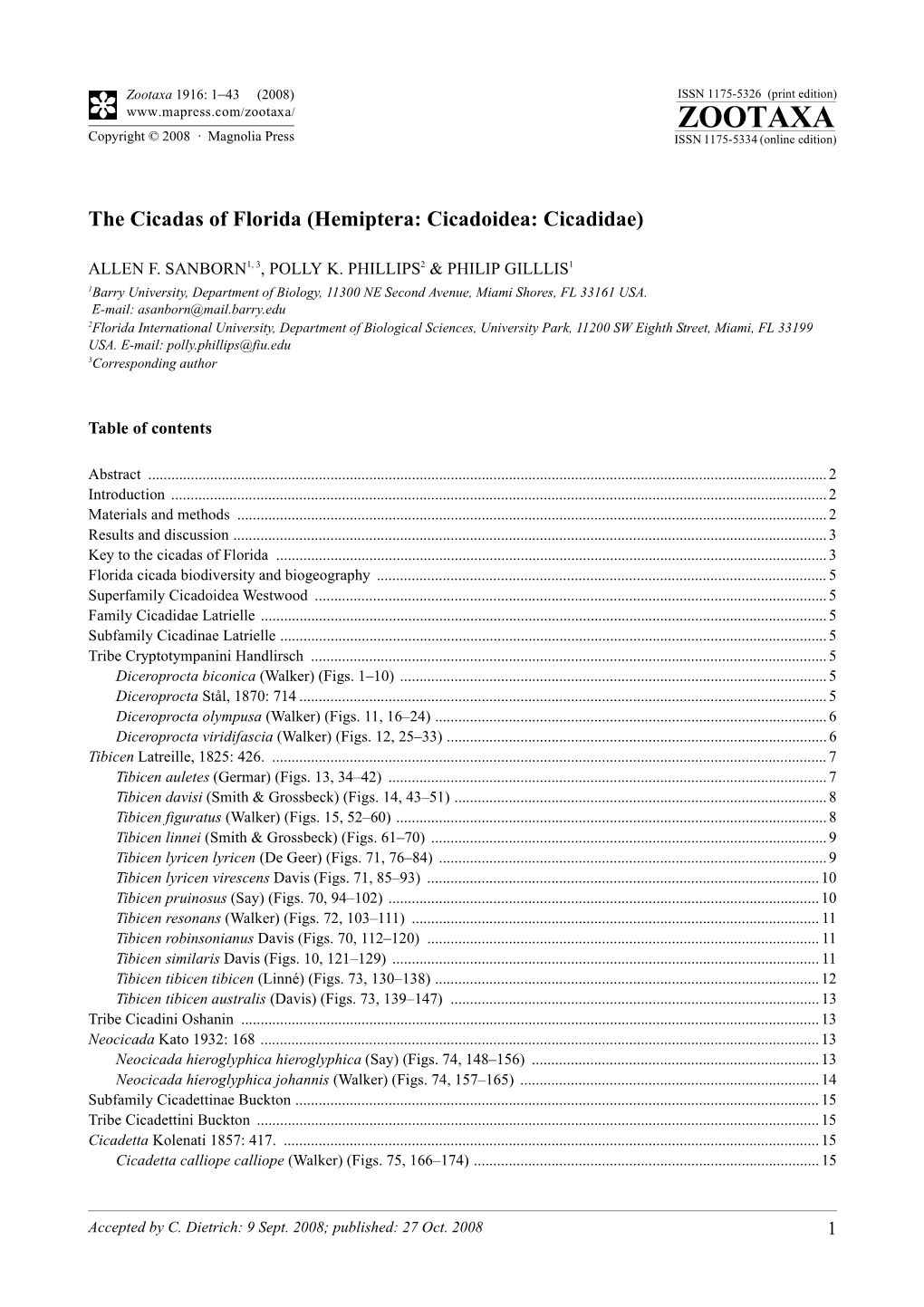 Zootaxa, the Cicadas of Florida (Hemiptera: Cicadoidea: Cicadidae)