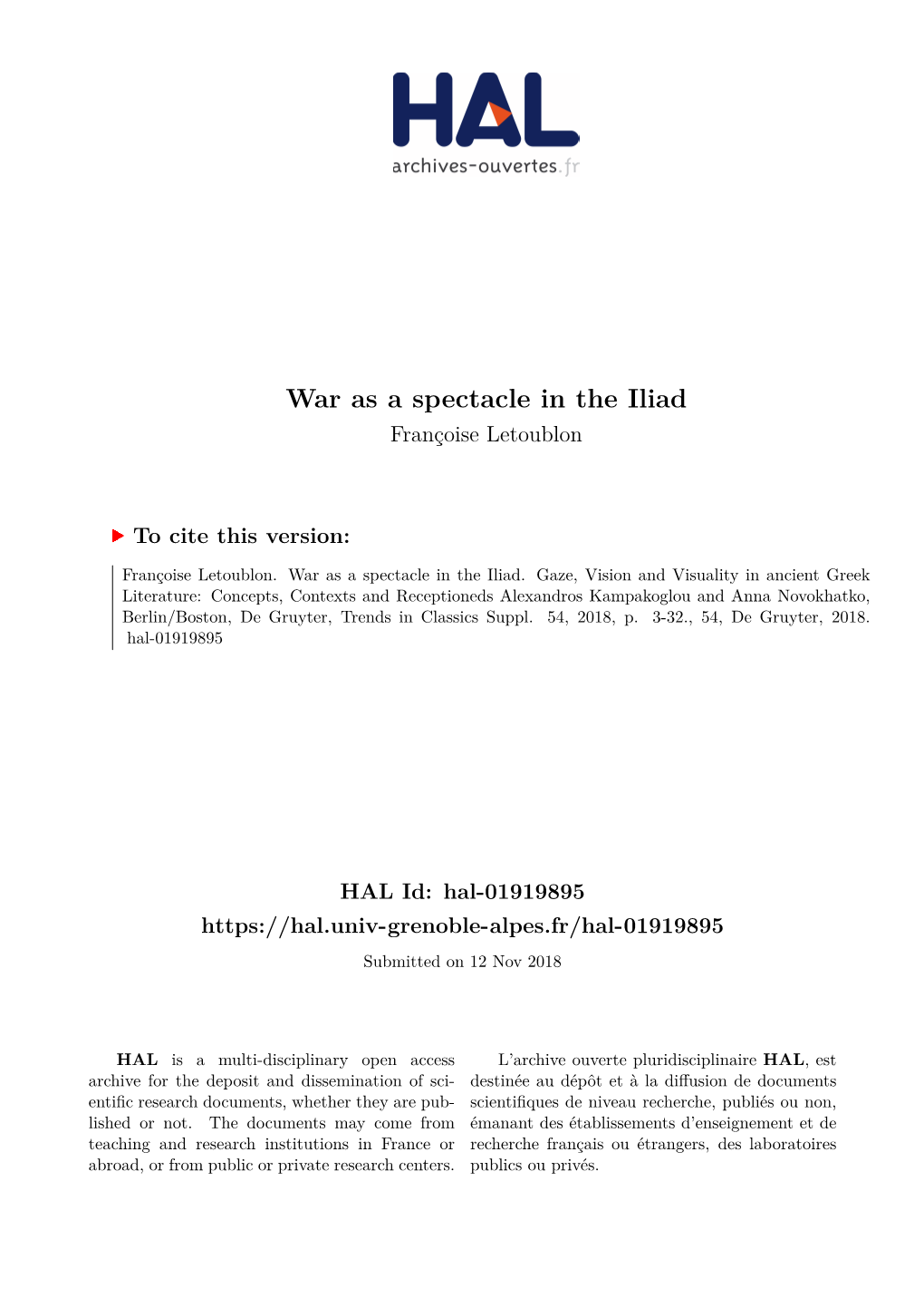 War As a Spectacle in the Iliad Françoise Letoublon