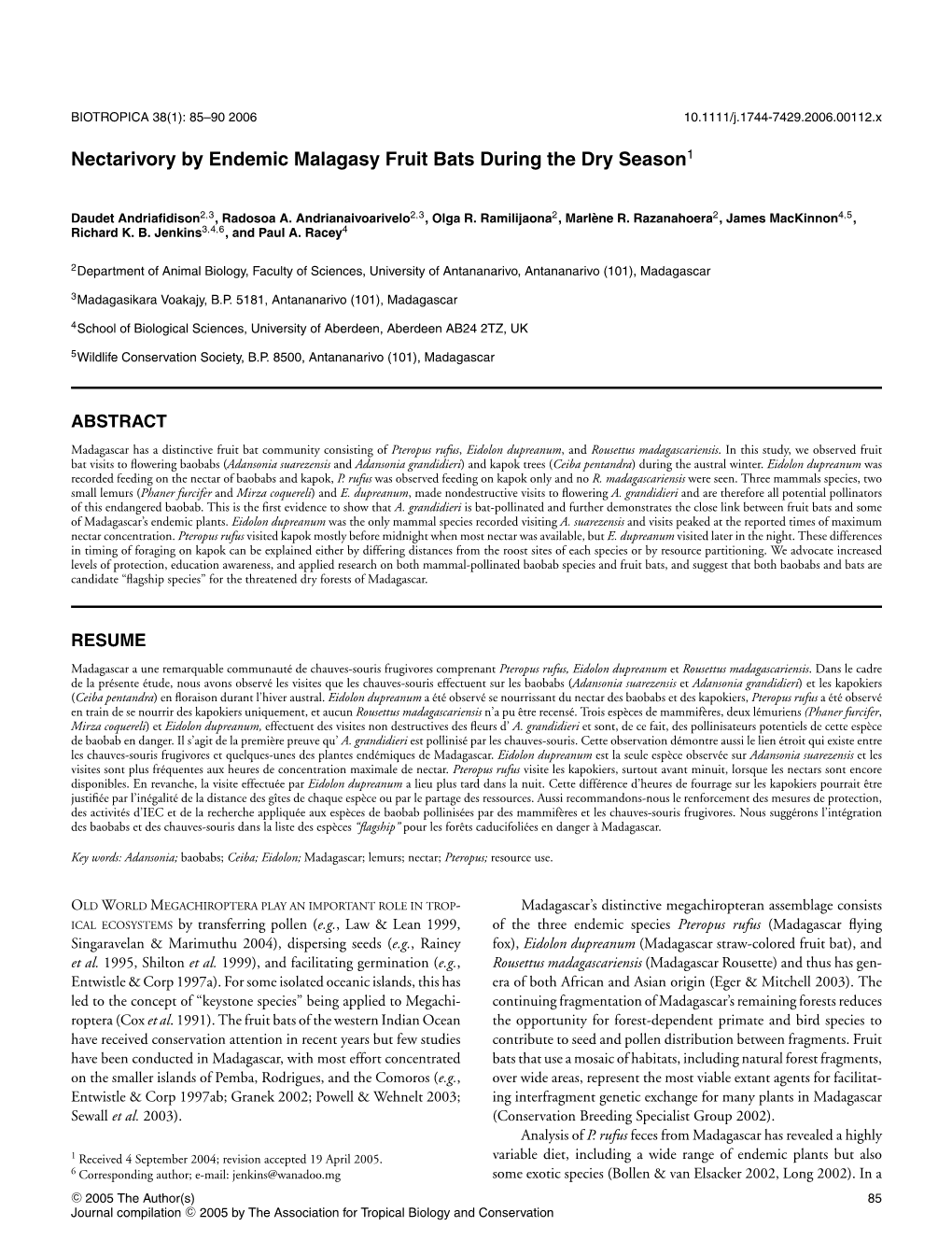 Nectarivory by Endemic Malagasy Fruit Bats During the Dry Season1