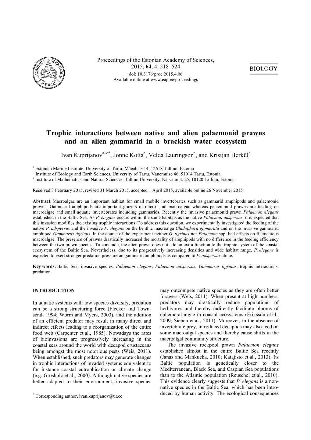 Trophic Interactions Between Native and Alien Palaemonid Prawns and an Alien Gammarid in a Brackish Water Ecosystem